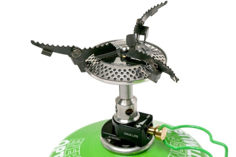 Compact foldable gas stove burner with serrated pot supports for camping and backpacking outdoor cooking system