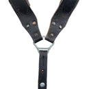 Close-up of original Austrian Army Y-Strap braces made from black genuine leather with metal rivets and triangular metal ring.