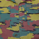 Close-up of original Belgian Army field combat shirt with jigsaw camouflage and buttoned front pockets