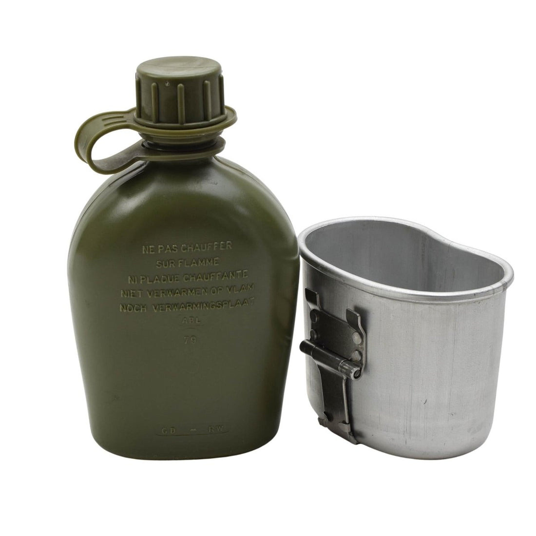 W komplecie oryginalna belgijska manierka wojskowa 1L z plastikowym kubkiem, aluminiowym kubkiem
