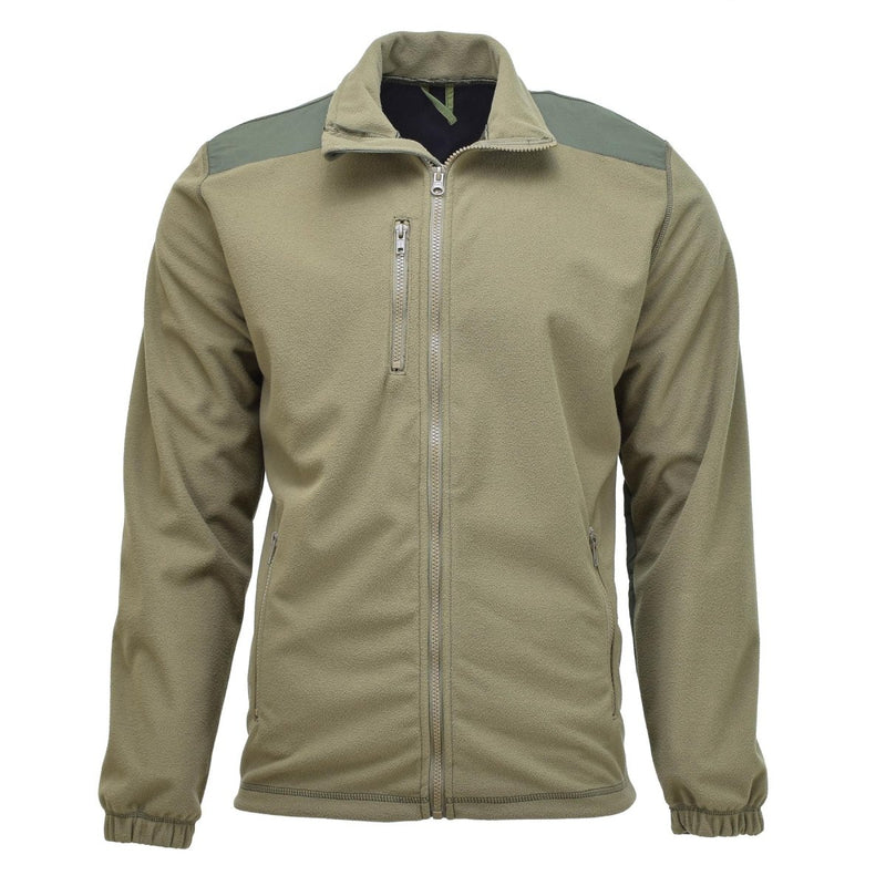 Olive green Belgian military Windstopper fleece jacket with zippered pockets, high collar, and reinforced shoulders for outdoor use.