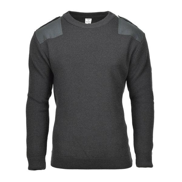 Dark green original Belgian military wool sweater pullover with reinforced shoulder patches and crew neck design