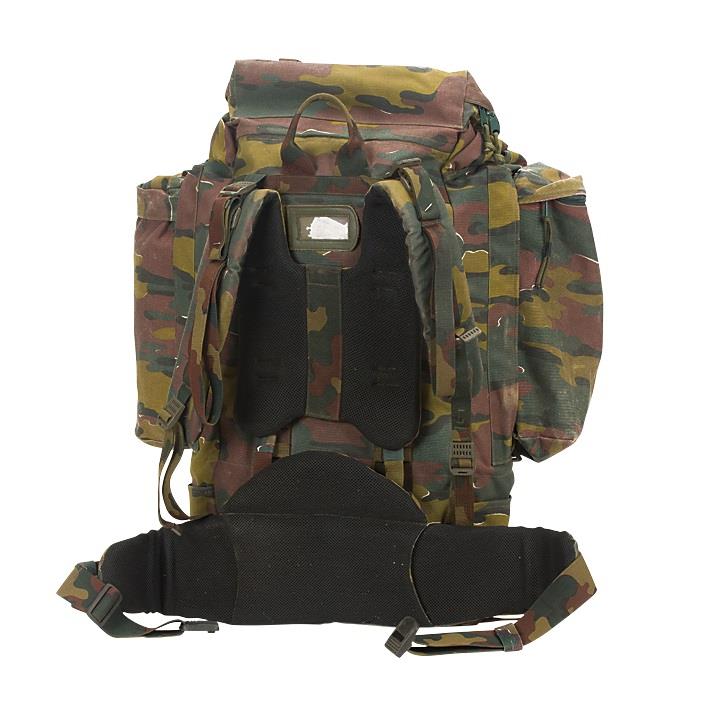 Large 110L original Belgium military tactical field backpack with padded straps, kidney belt, and detachable side pouches in camouflage design