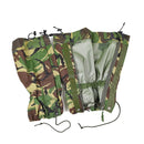 British army DPM camouflage waterproof gaiters with zippers and adjustable cords for rugged outdoor protection and durability.