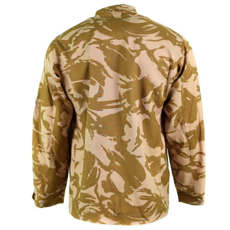 Back view of original British army desert camo fire resistant military combat jacket in tan and brown colors