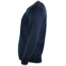 Side view of navy blue original British army police commando jumper with reinforced shoulders and ribbed cuffs and waist