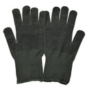 Original British military Nomex gloves in olive green with anti-slip dotted palms for heat and flame resistance.