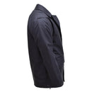 Side view of solid black British military rain jacket with lined waterproof design and multiple pockets