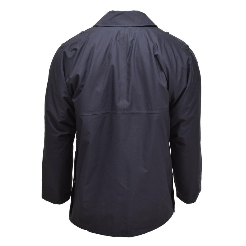 Back view of solid black British Military rain jacket, waterproof and lined for warmth with adjustable features.