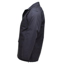 Side view of solid black British military rain jacket with waterproof and windproof design, durable and lined for warmth.