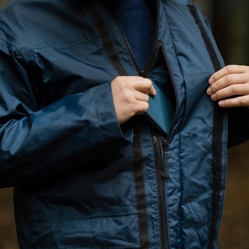 Close-up of original British RAF waterproof blue raincoat being zipped up, showing durable fabric and design details