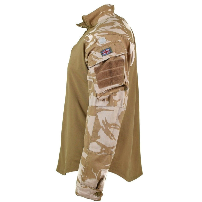Original British UBAC desert camouflage military shirt with quarter-zip, arm pockets, and reinforced sleeves for durability