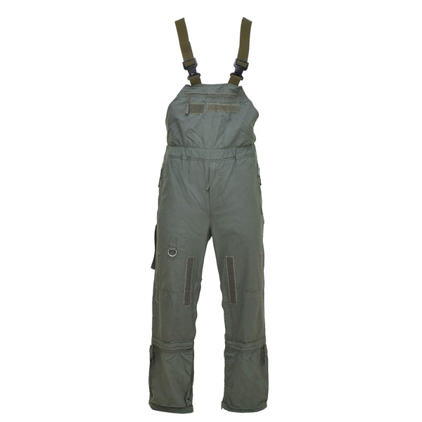 Olive green flame-resistant aramid bib pants with adjustable straps and multiple cargo pockets for rugged military use.