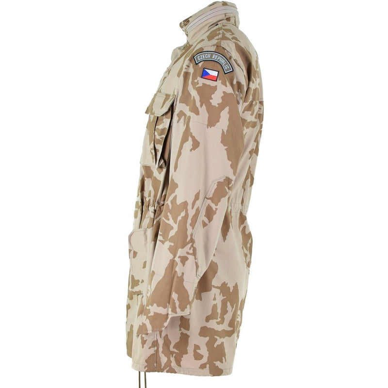 Side view of original Czech army parka jacket in desert camo with Czech Republic patch on sleeve