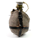 Original Czech Army M60 metal water flask with wool cover and leather straps, vintage military canteen for outdoor use