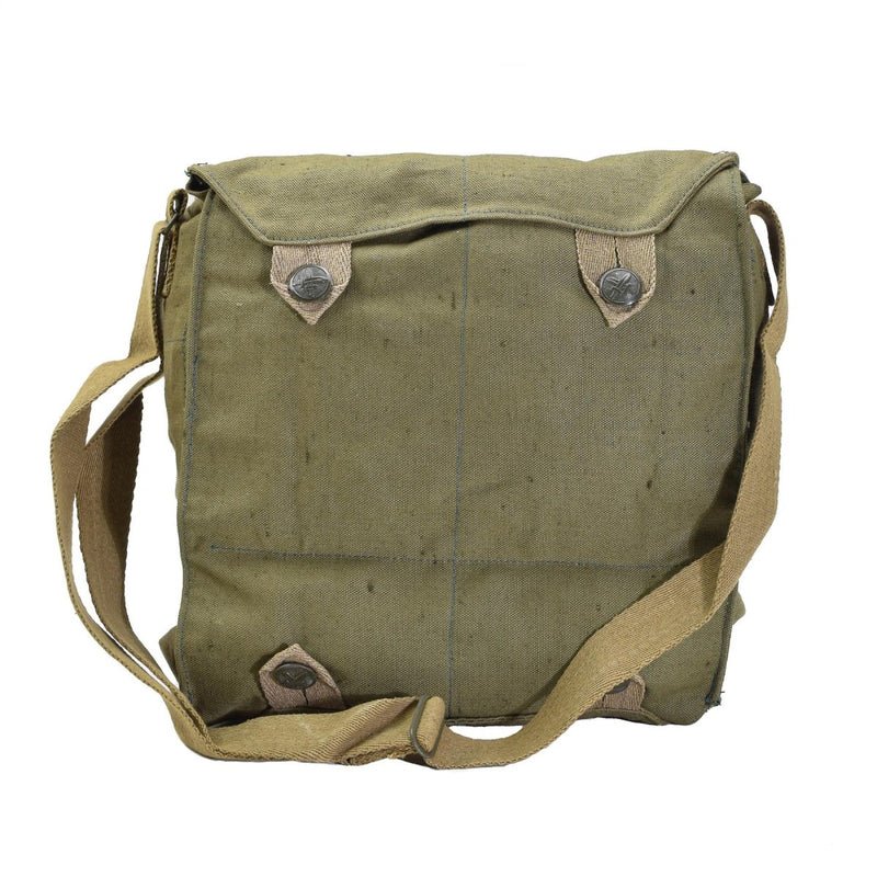 Original Czech military gas mask shoulder bag made of green canvas with adjustable strap and vintage design.