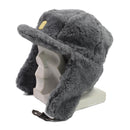 Gray Czech Republic army faux fur winter hat with earflaps and gold-toned insignia on a display mannequin head