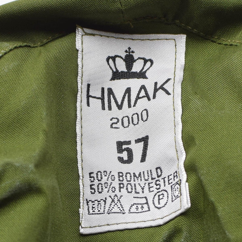 Clothing label inside Danish military M84 field cap showing size 57 and fabric composition 50% cotton 50% polyester