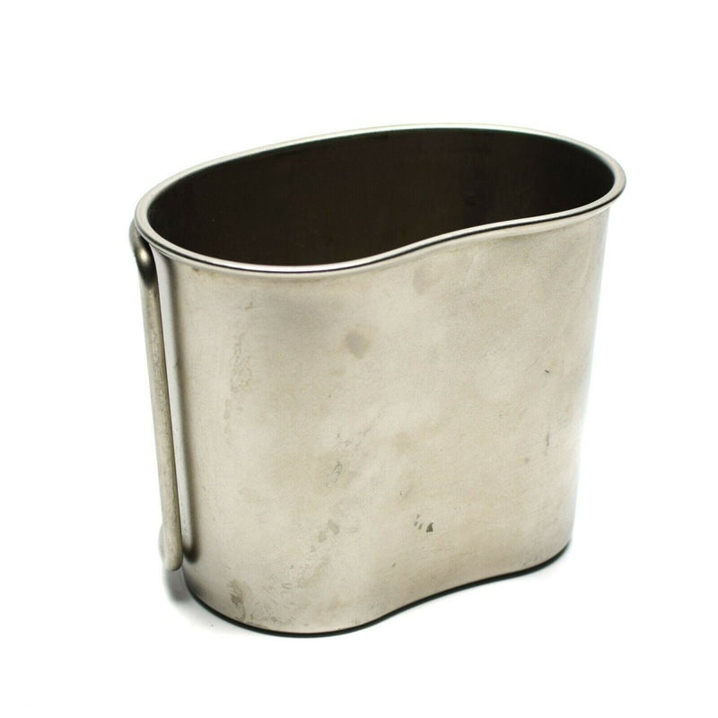 Authentic Dutch Army stainless steel canteen cup with foldable handle for camping, bushcraft, and outdoor cooking.