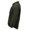 Olive green Dutch military fleece jacket with full zipper, stand-up collar, elastic cuffs, soft thermal insulation, and warm comfort.