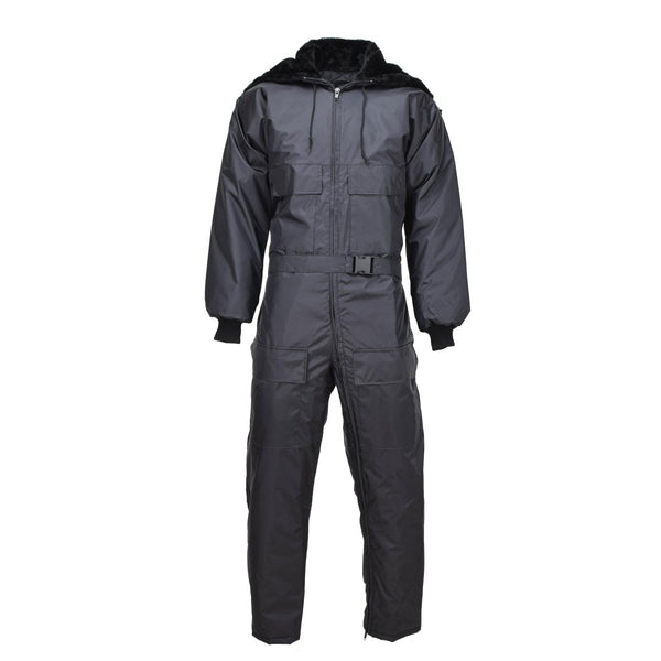 Black hooded Dutch military cold weather quilted liner coverall jumpsuit with adjustable cuffs and multiple pockets