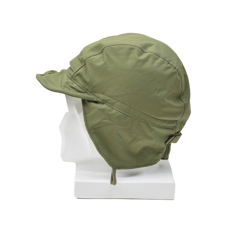 Olive green Dutch paratrooper hat with ear flaps and brim, windproof and insulated for cold weather protection