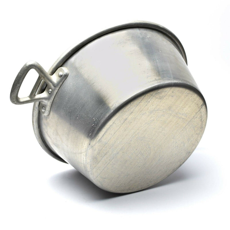 Large vintage aluminum French Army cooking pot with side handles, ideal for outdoor camping and military mess use.