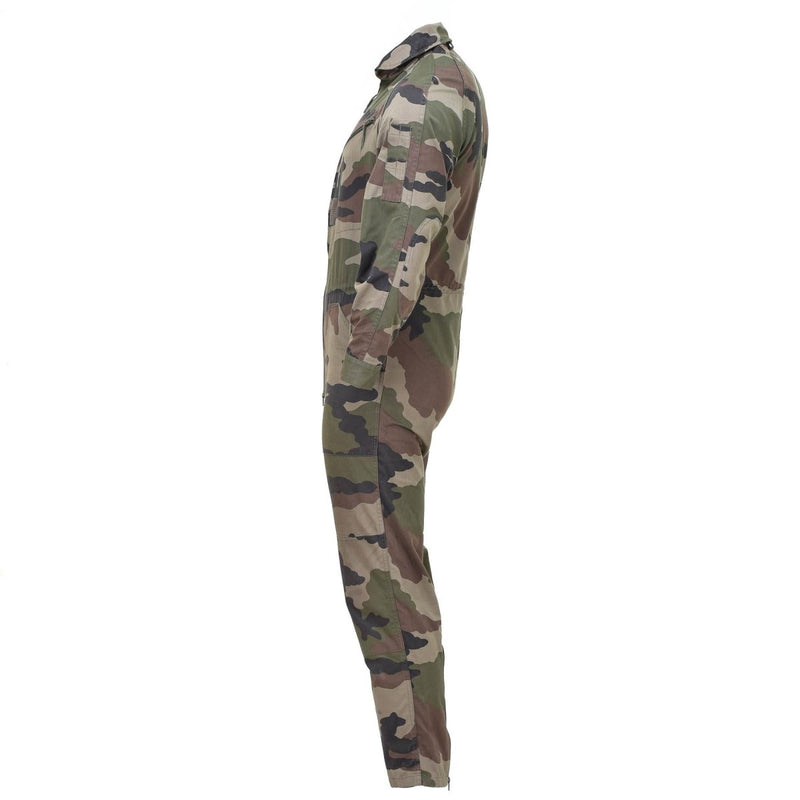 Side view of original French army mechanic coverall suit in CCE camouflage with roomy fit and elastic waist