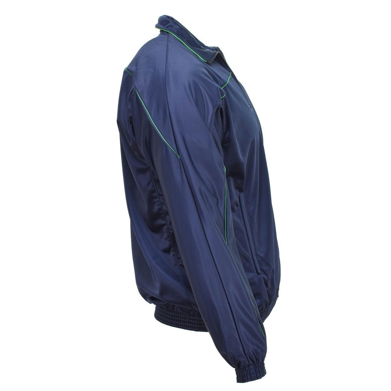 Original French army blue tracksuit sports jacket with elastic cuffs, full zipper, and lightweight breathable fabric.