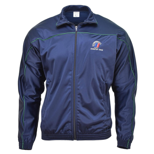 Original French army blue tracksuit sports jacket with full zip, elastic cuffs, and breathable lightweight fabric.