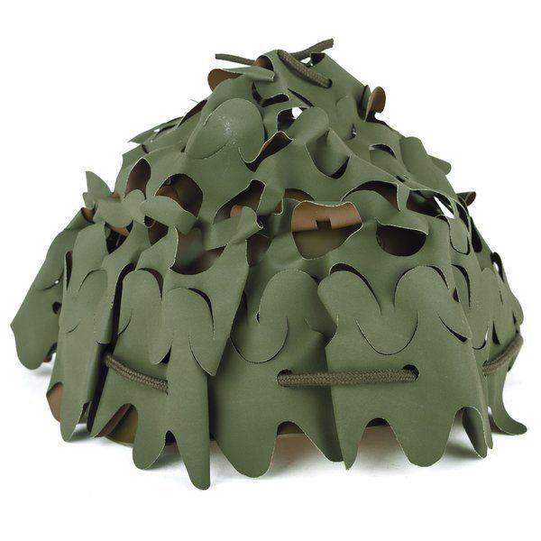 Original French military helmet camouflage cover in olive brown with adjustable cord and metal clips for secure fit.
