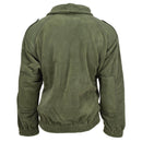 Back view of olive original French military fleece jacket with reinforced elbows and high neck design
