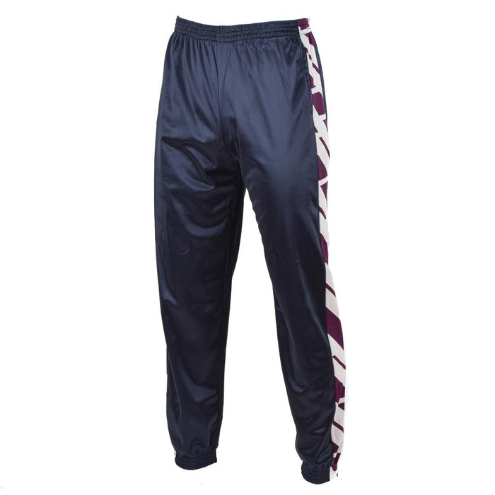 Navy blue retro French military sweatpants with elastic waist and striped side panel for running and hiking.