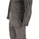 Close-up of a dark German army cotton pilot coverall with zippered pockets and detailed stitching on sleeves and legs.