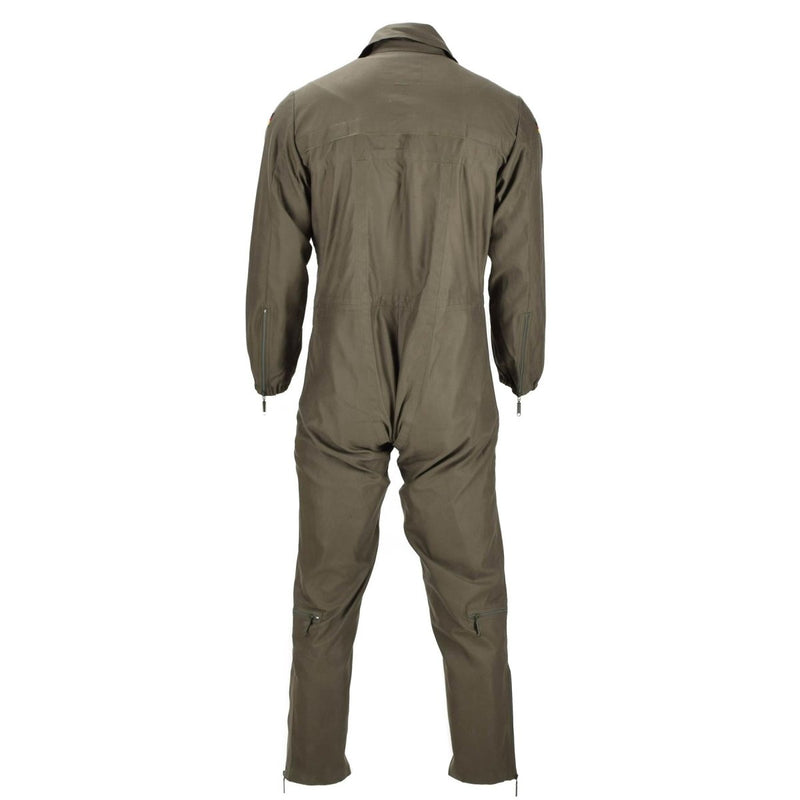 Back view of original German army olive green coverall warm winter jumpsuit with adjustable waist and zipped cuffs.