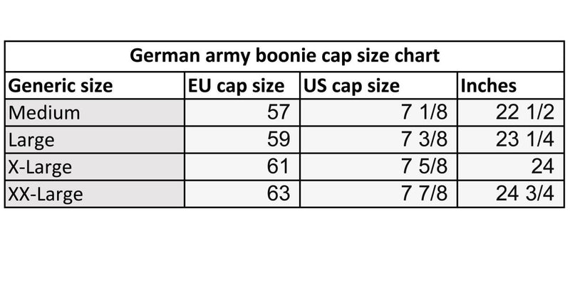 German army boonie hat size chart showing medium to XX-large sizes with corresponding EU, US, and inch measurements.