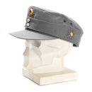Original German Army Gebirgsjäger mountain cap in grey with floral badge and neck flap displayed on a mannequin head.