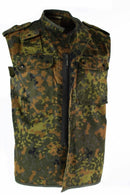 Original German Army vest with zipped front in Flecktarn camo pattern, featuring multiple pockets and durable tactical design.