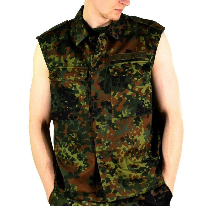 Sleeveless German Army flecktarn camo tactical vest with multiple pockets and button-up front for outdoor and combat use