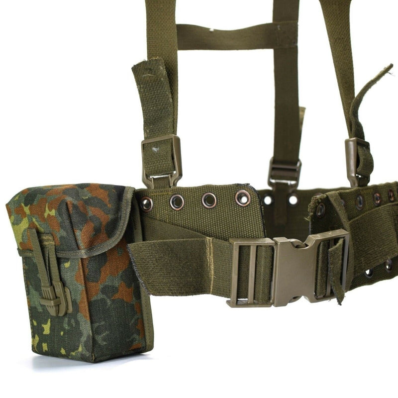 Original German army webbing system tactical belt harness with camouflage mag pouch and adjustable straps for load bearing.