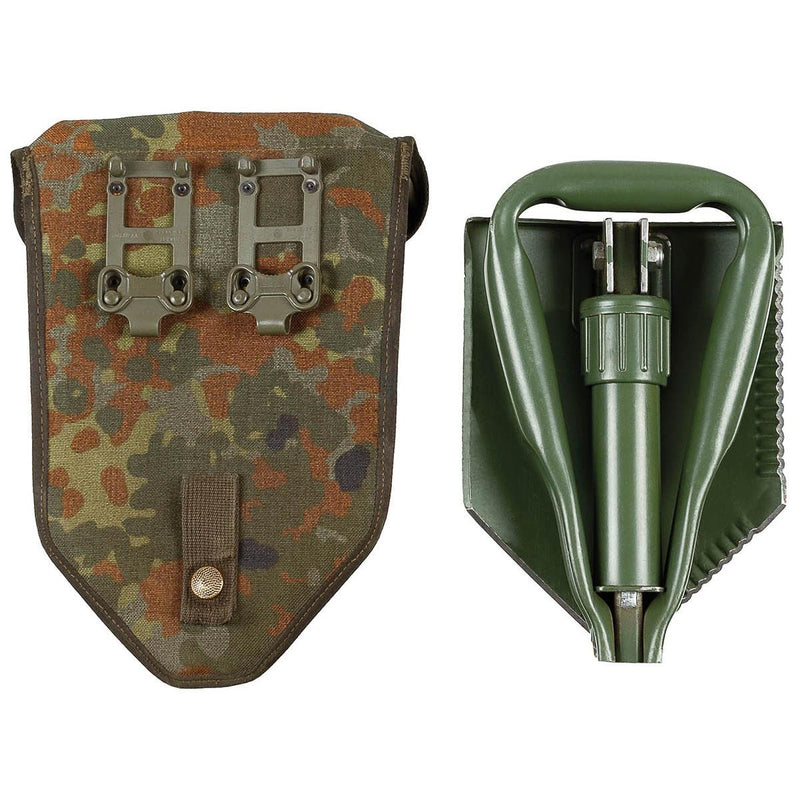 Original German BW Army folding shovel in green with camouflage carrying case for outdoor survival and camping use
