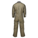 Back view of an olive original German military quilted coverall liner winter jumpsuit with long sleeves and buttoned cuffs.