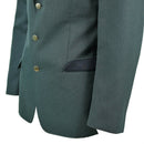 Close-up of a green German police dress jacket with silver buttons and a side pocket detail.