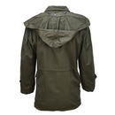 Back view of original Greek military M65 olive field jacket with hood in durable army surplus fabric