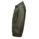 Side view of olive green Original Greek military M65 field jacket with pockets and button details.