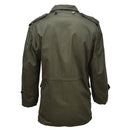 Back view of original Greek military M65 olive green field jacket with shoulder epaulets and long sleeves.