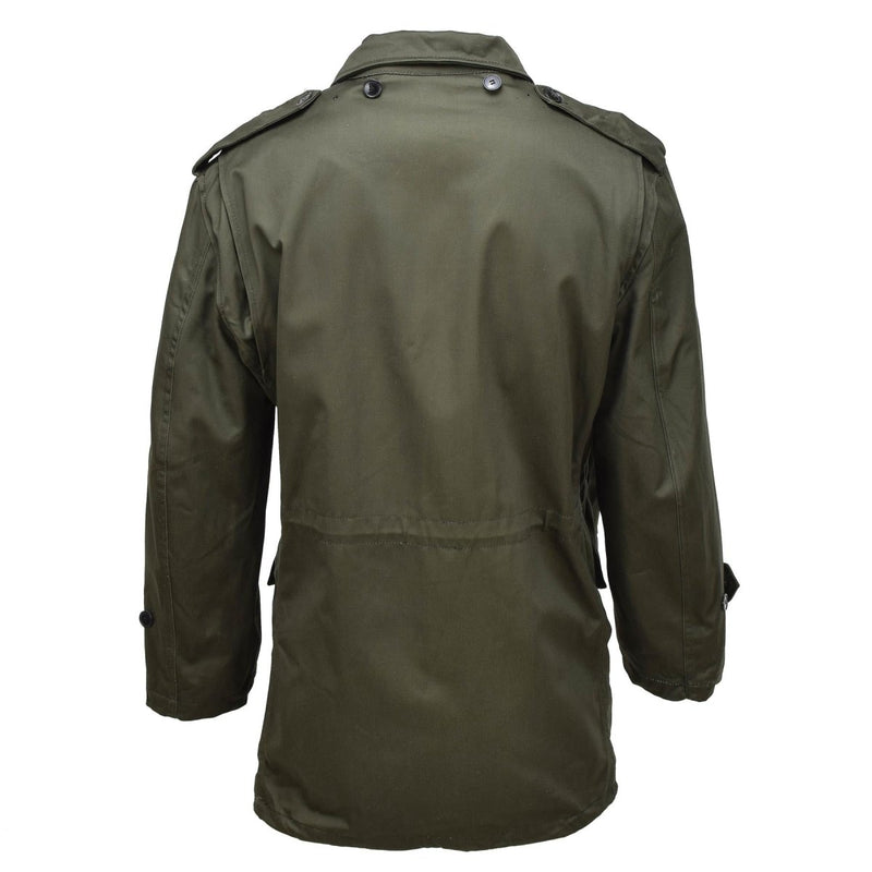 Back view of original Greek military M65 olive green field jacket with shoulder epaulets and long sleeves.
