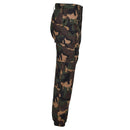 Side view of original Hungarian M1990 military summer field pants in woodland camo ripstop with cargo pockets and elastic cuffs