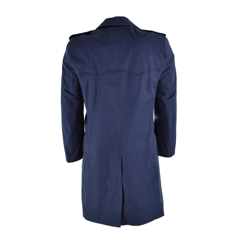 Back view of original vintage Italian military double-breasted trenchcoat in khaki blue waterproof material