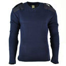 Dark blue Italian military-style V-neck wool jumper with reinforced shoulders and ribbed texture for durability and warmth.